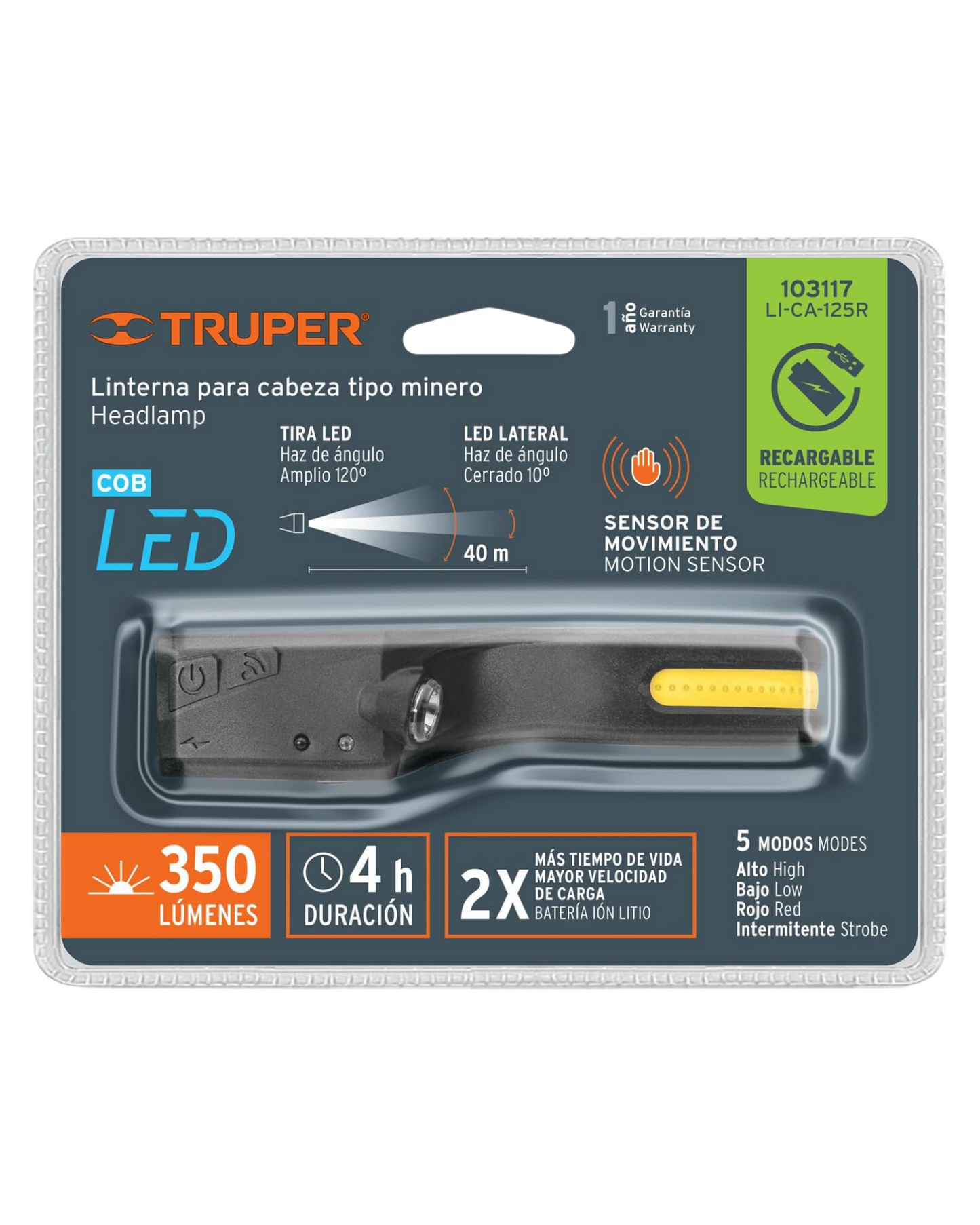 Lampara LED de Minero con Sensor de Movimiento Recargable LI-CA-125R | Proximamente descontinuado