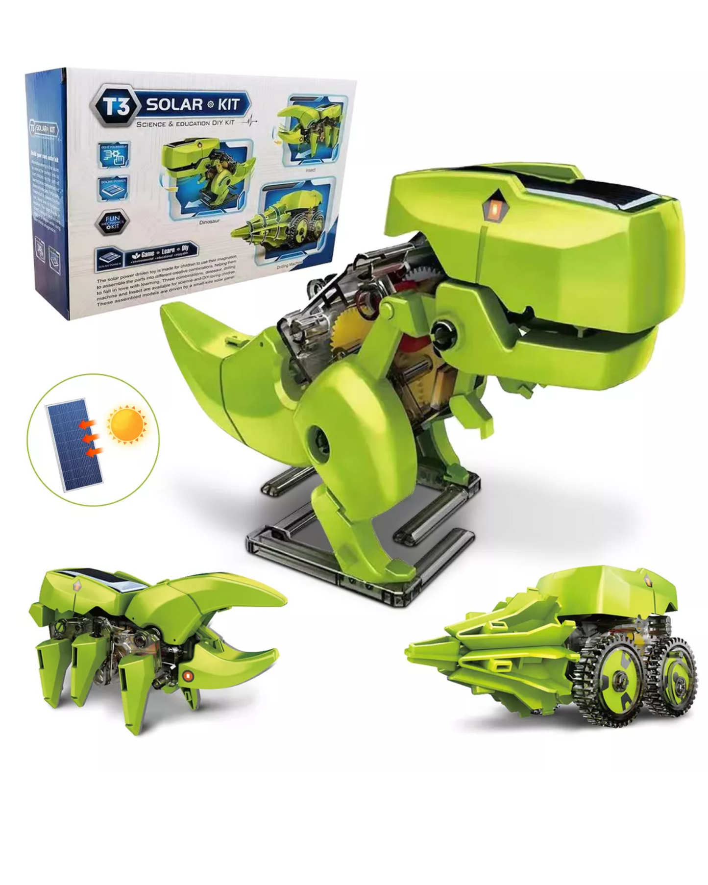 Kit escolar 3 en 1 | Kit solar armable para ninos | Dinosaurio Insecto Camion