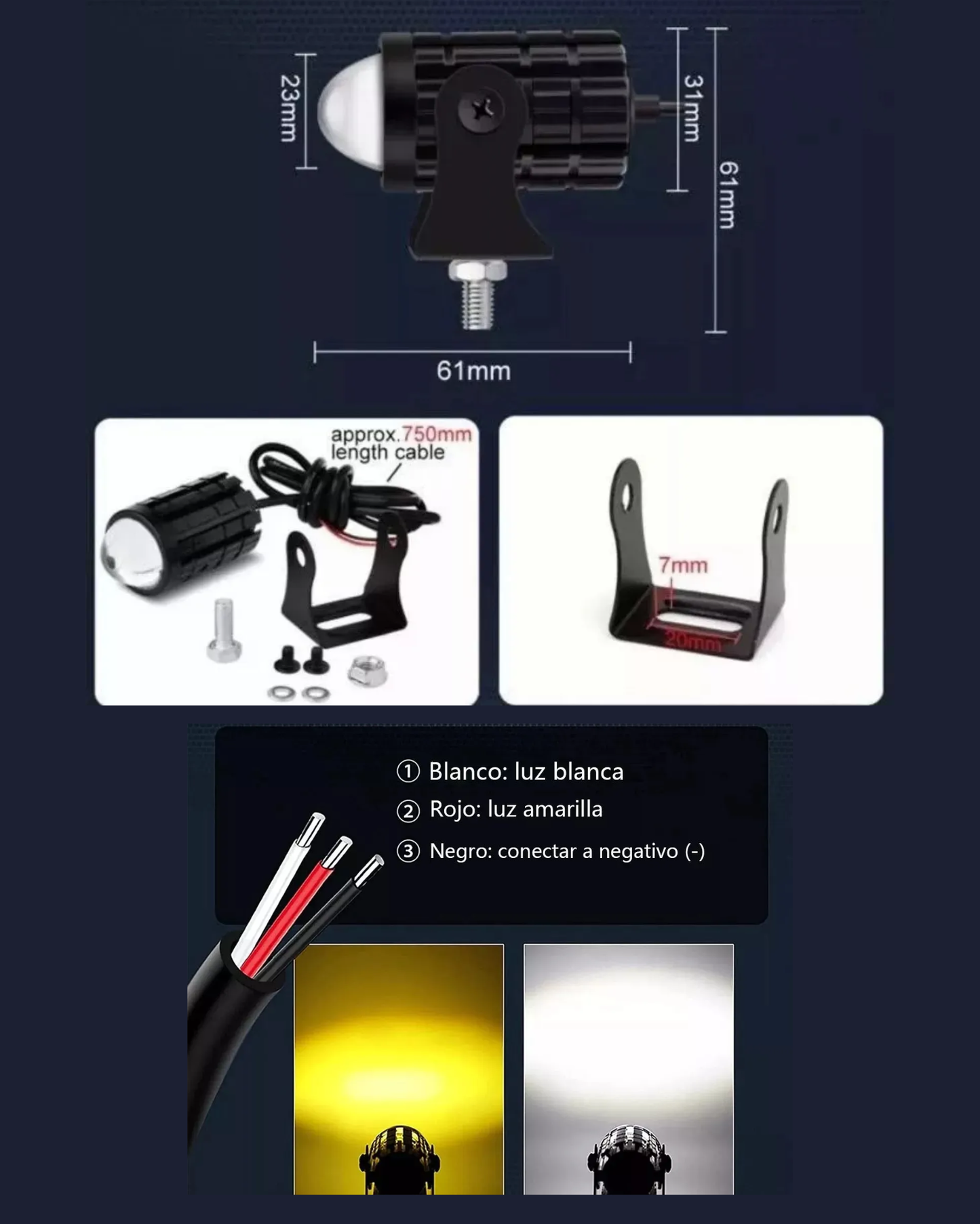 Par faros auxiliares para motocicleta | Focos LED impermeable doble color con switch