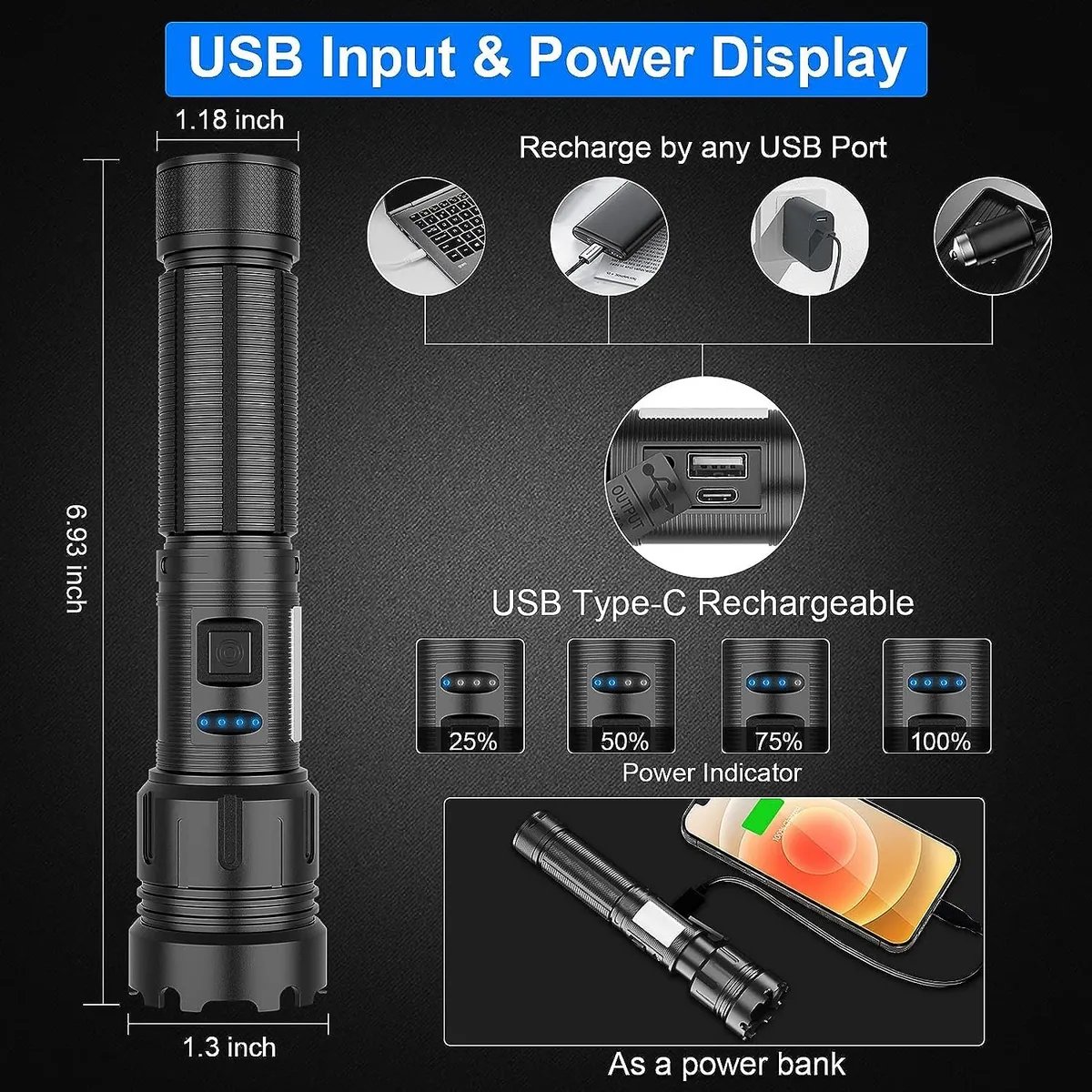 Lampara Táctica de Mano Recargable | Linterna de Mano USB
