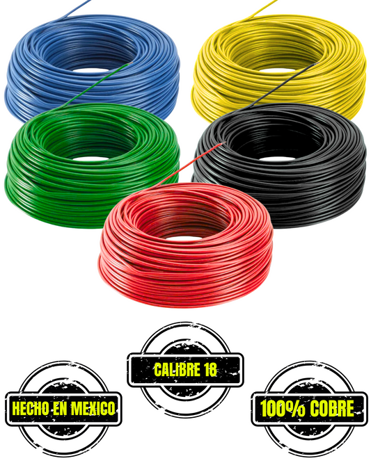 Cable unipolar calibre 18 Eléctrico Automotriz | Rollo 100 metros Cable 100% cobre 18AWG