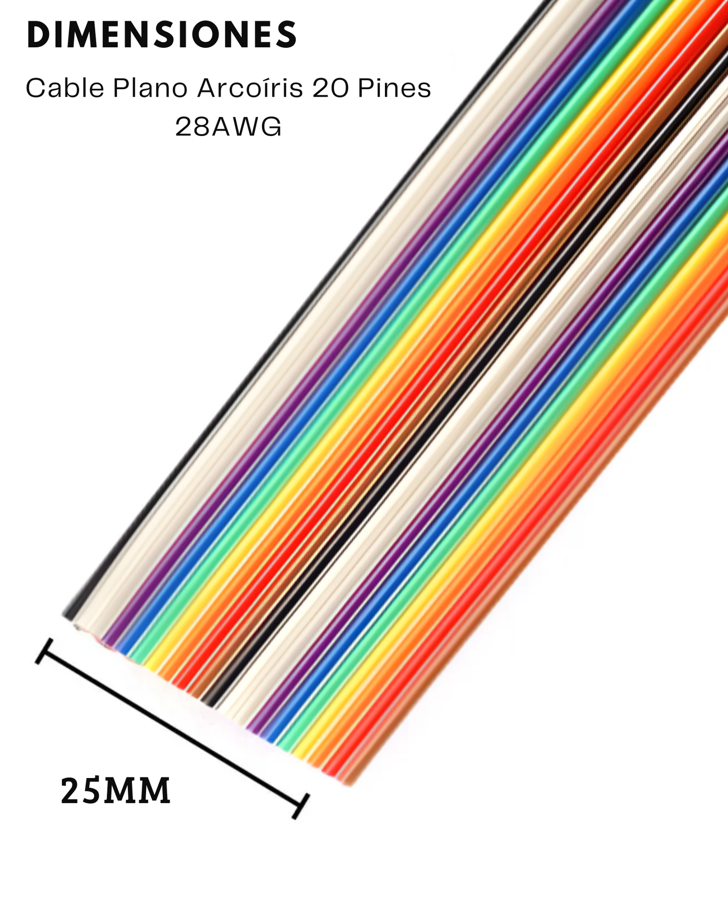 Cable plano arcoíris 20 vías 28AWG | Cable Ribbon multicolor Pitch estándar 20 hilos | Tramo 1 metro