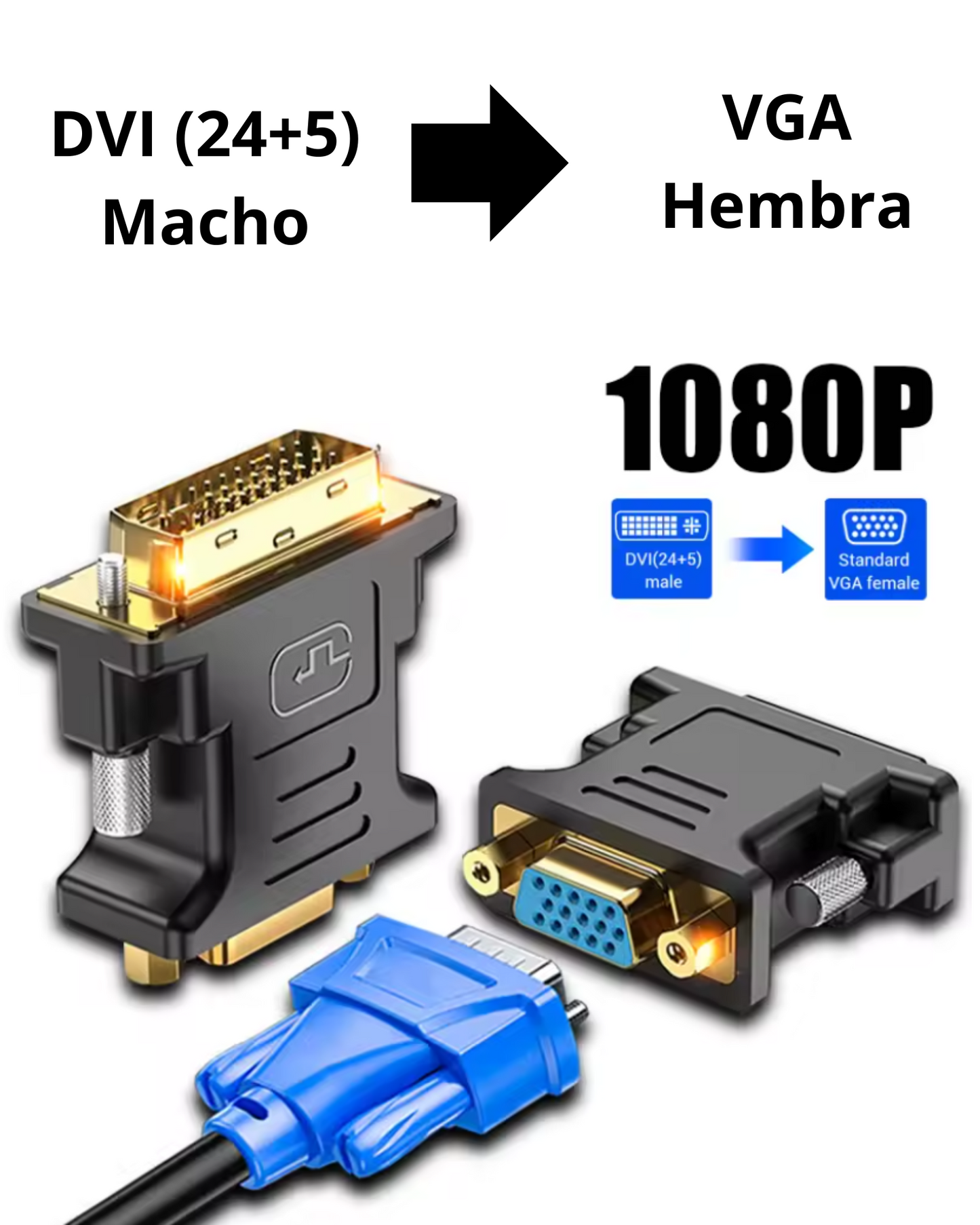 Adaptador Unidireccional DVI a VGA | DVI 24+5 macho a VGA Hembra