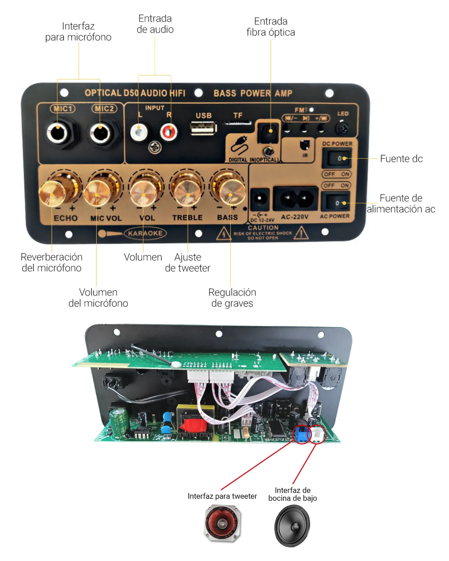 Placa Amplificada para bocina Audio Hifi 40W Dorado | Repuesto placa Óptico, Bluetooth 5.0