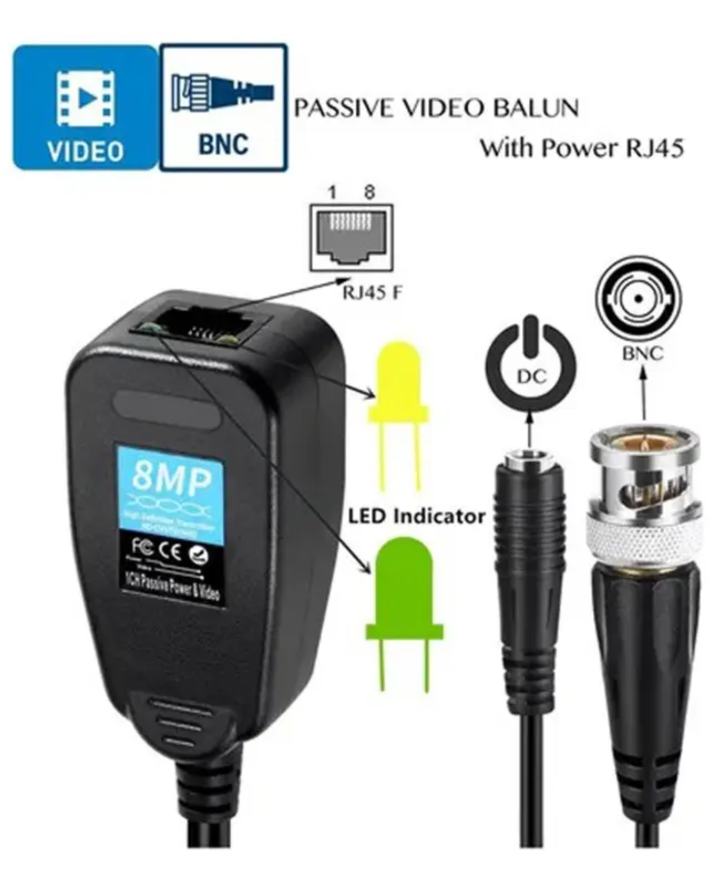 Extensor de Video por Cable UTP CCTV | Par de Video Balun para camara de seguridad UTP BNC