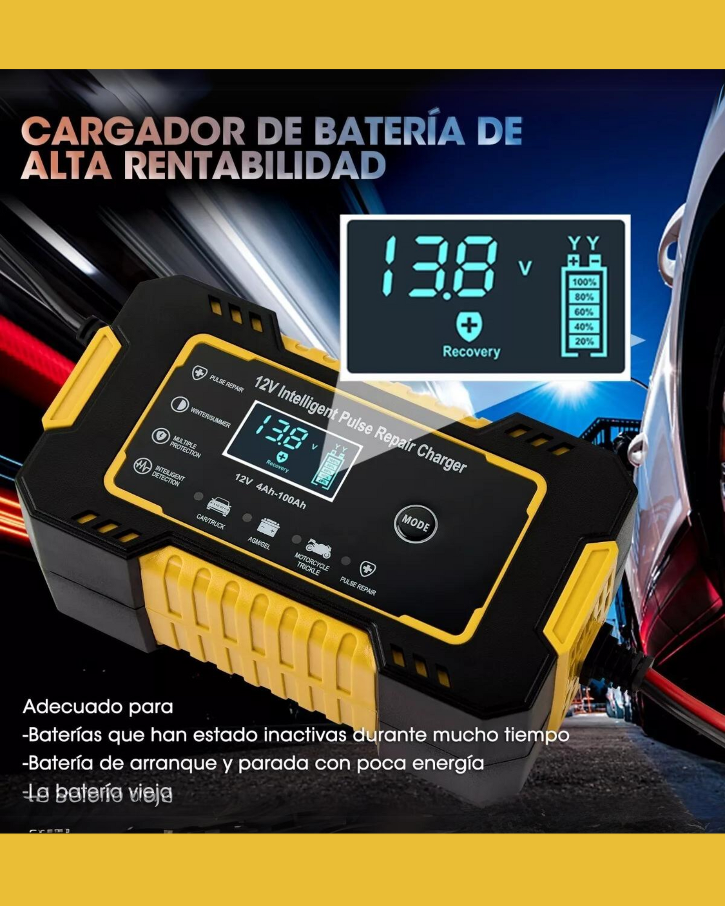 Cargador De Baterías Inteligente 12v 6A Auto y Motocicleta