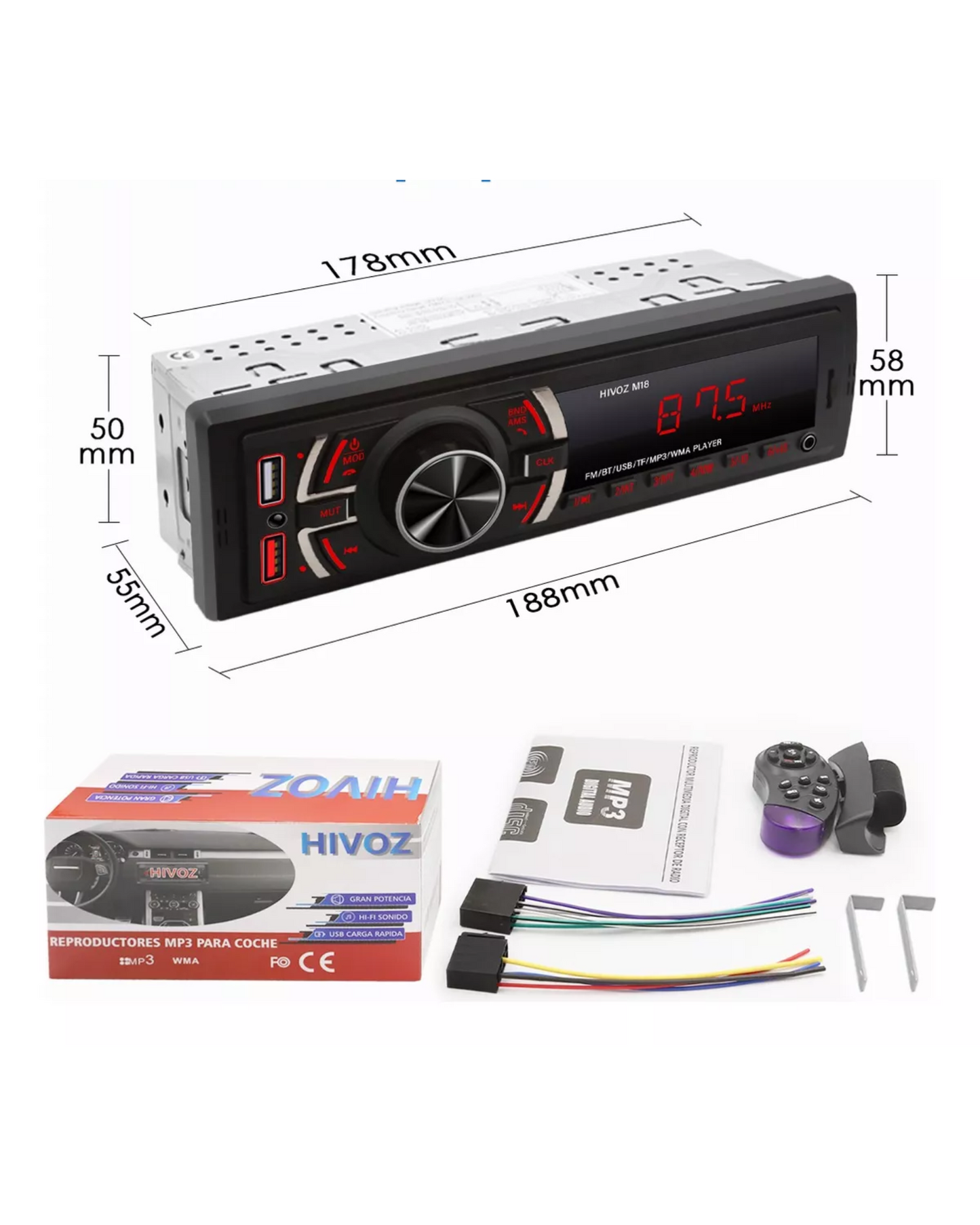 Autoestereo 1 Din MP3 Bluetooth Radio Auxiliar USB SD | Estereo Automotriz sencillo HIVOZ