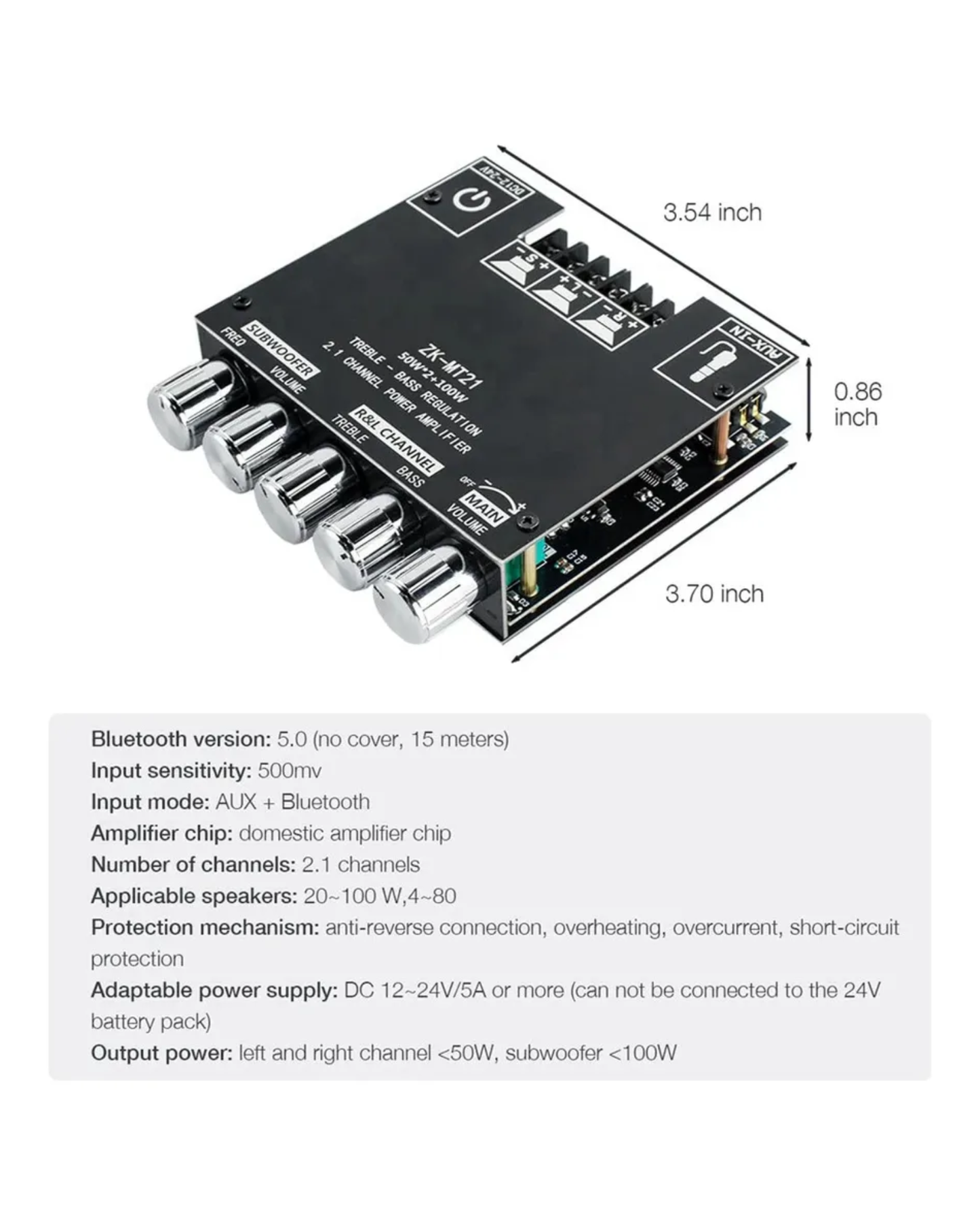 Amplificador bluetooth 2.1 canales | Placa amplificada estereo 50W + 50W + 100W ZK-MT21