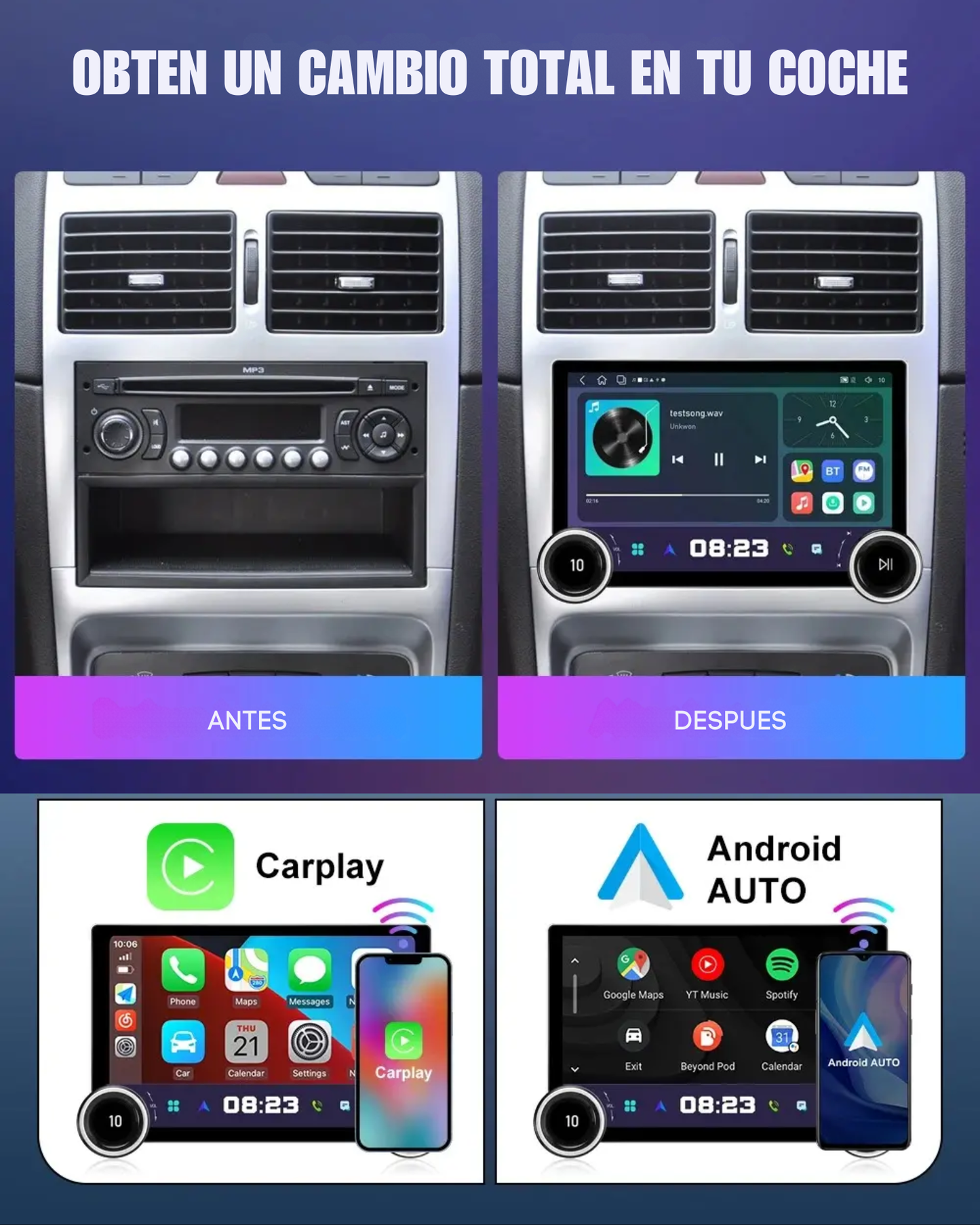 Autoestereo pantalla 10" Android Auto y Carplay Inalambrico | Estereo de pantalla doble din Universal KP-RA937