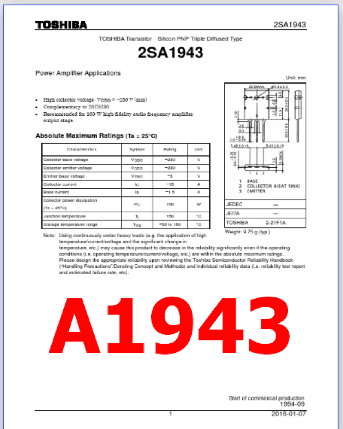 Transistor A1943 | Salida de audio 2SA1943