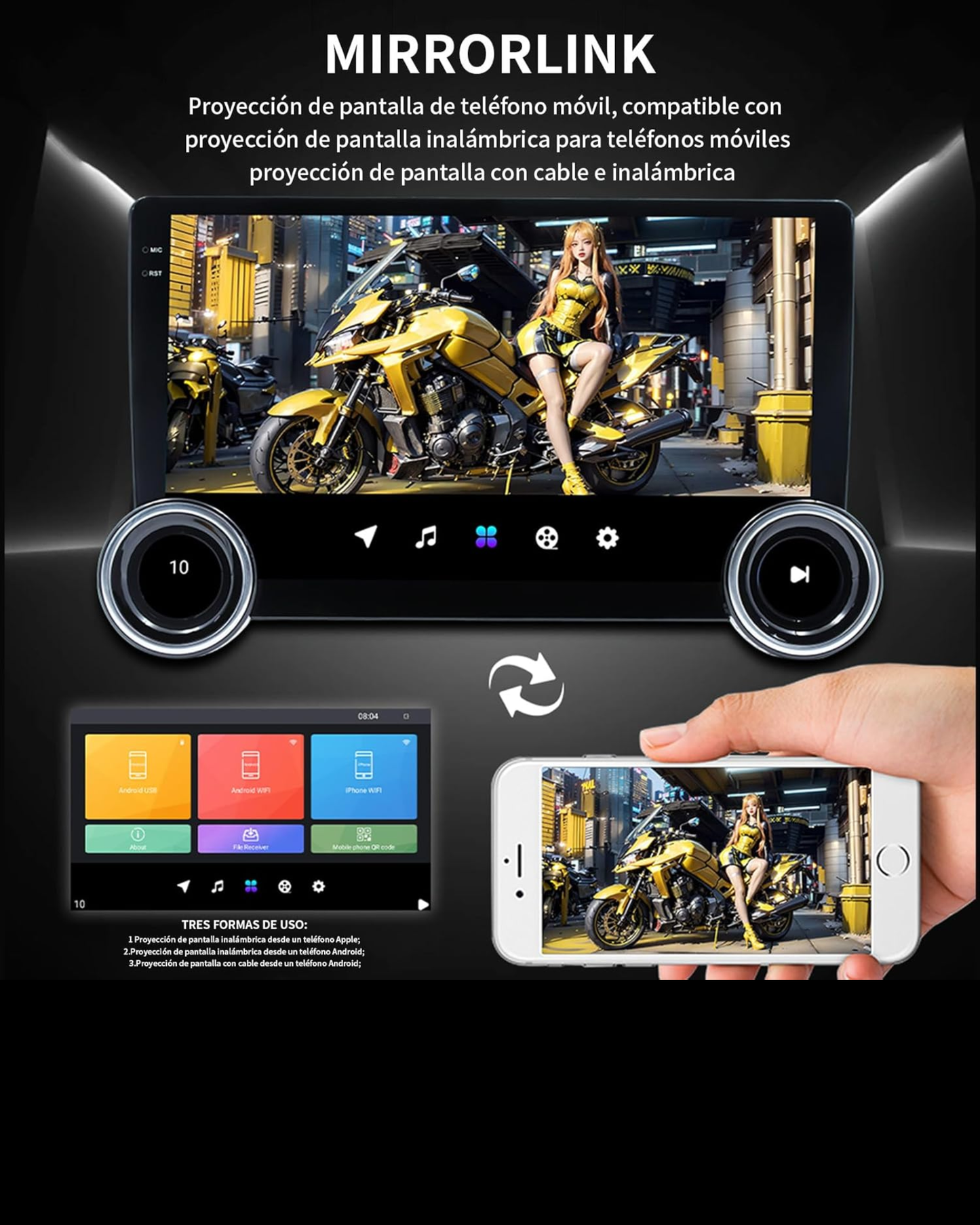 Autoestereo pantalla 10" Android Auto y Carplay Inalambrico | Estereo de pantalla doble din Universal KP-RA937