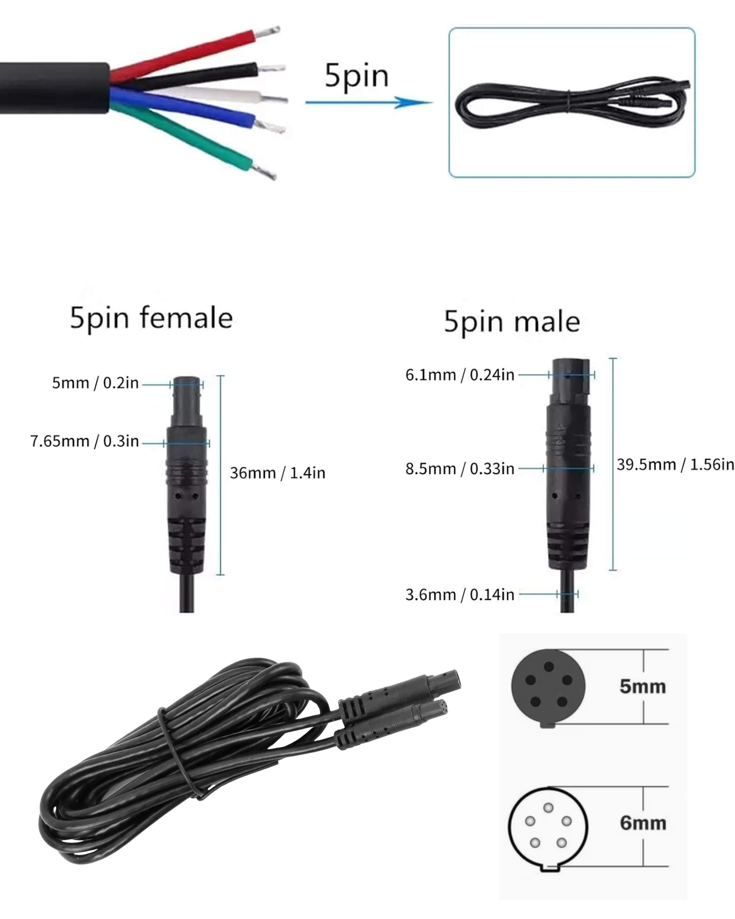 Cable para camara de reversa de 5 pines 6 metros | Extension 5 pines mini plug macho - hembra