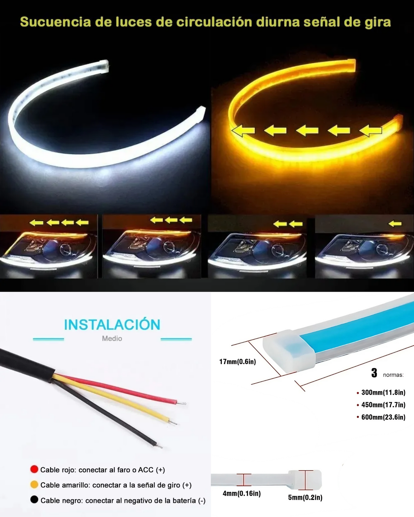 Tira de LED DRL Direccionales para Faros de Coche 30cm