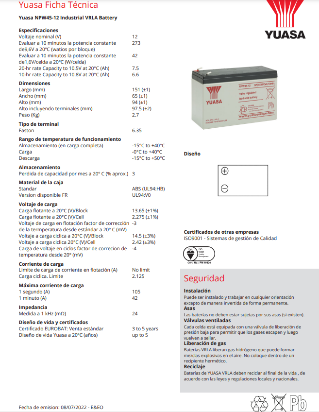 Batería 12V 8.5A Sellada Recargable YUASA NPW45-12