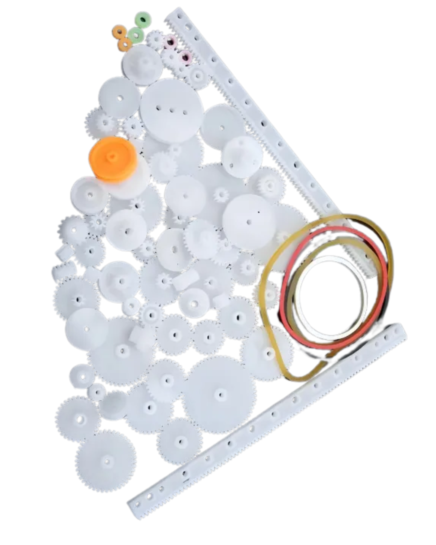 Kit engranes poleas pinones y cremalleras uso escolar | 75 piezas