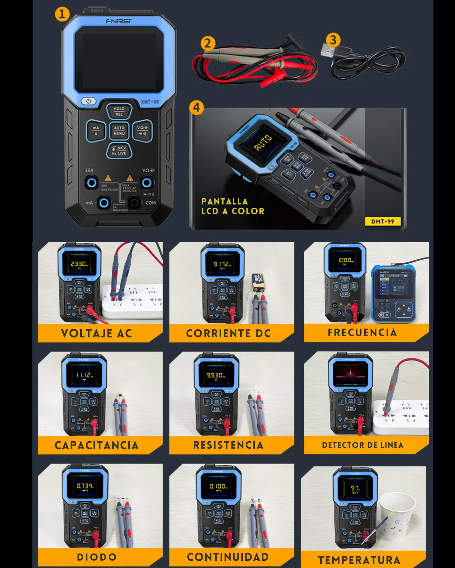 Multimetro digital medicion automatica recargable DMT-99 | Multimetro autorango con grafica de pulsos FNIRSI
