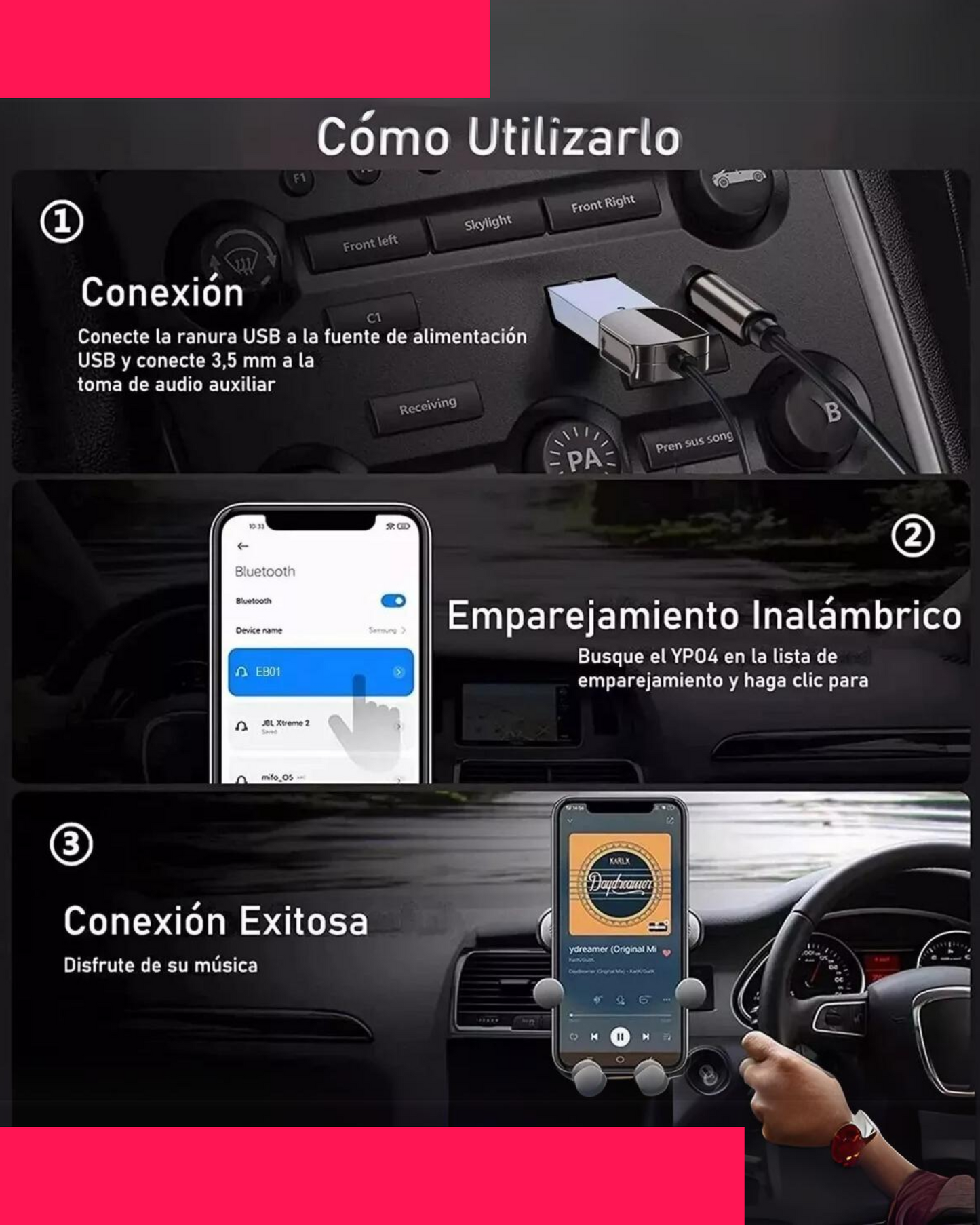 Receptor de Audio Bluetooth 5.1 Auxiliar 3.5mm para Automóvil