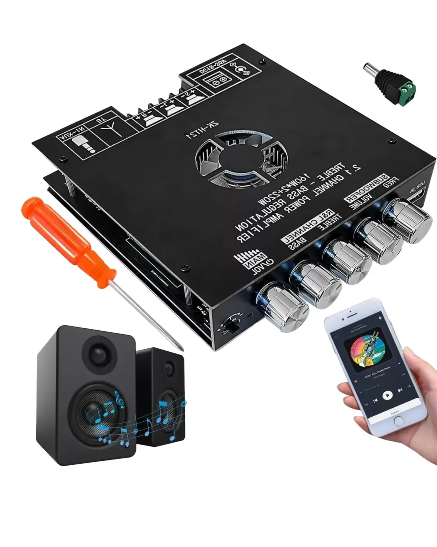 Amplificador bluetooth 2.1 canales 2x160W | Placa amplificada estereo 160W + 160W + 220W | ZK-HT21