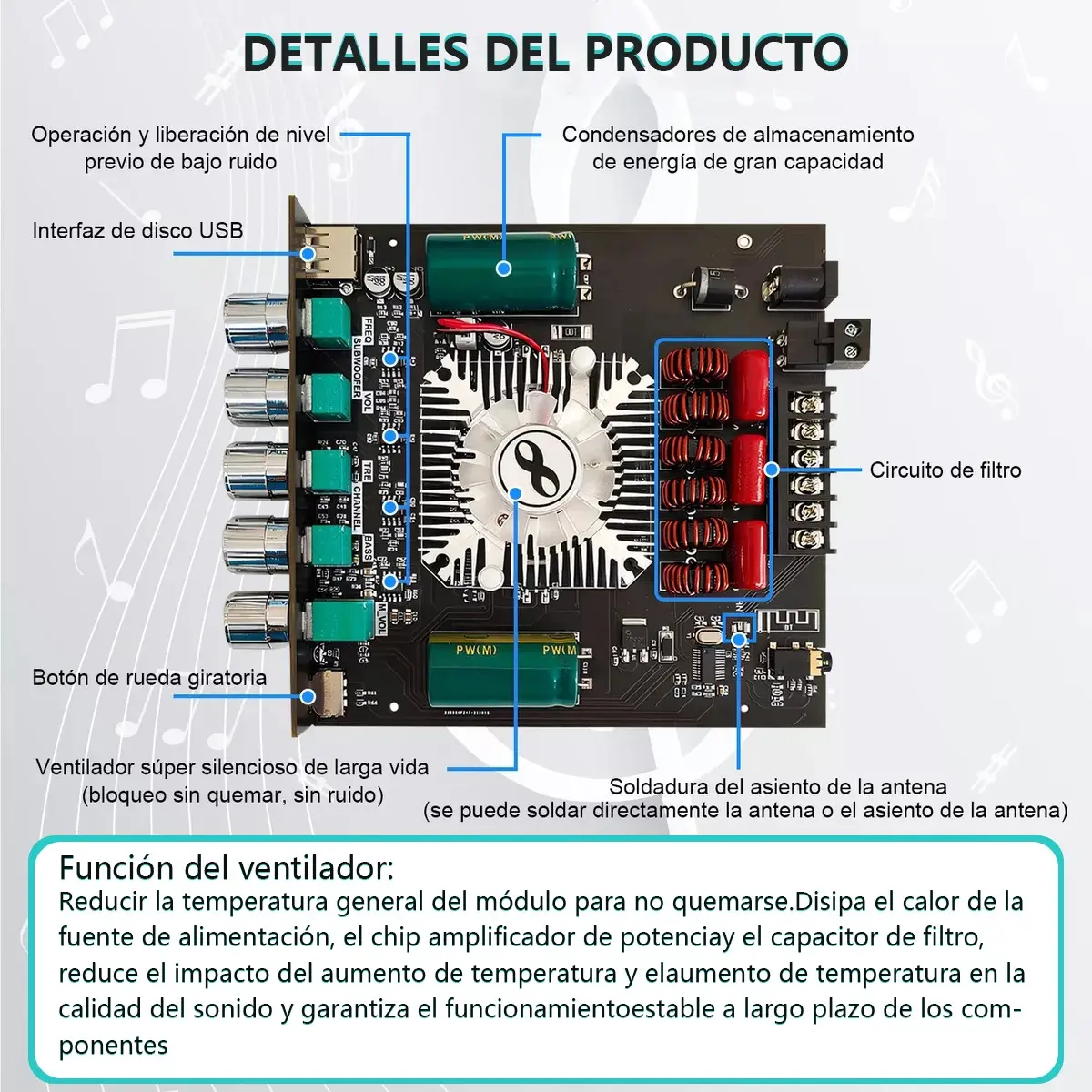 Amplificador bluetooth 2.1 canales 2x160W | Placa amplificada estereo 160W + 160W + 220W | ZK-HT21