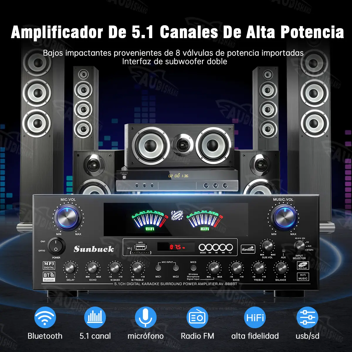 Amplificador de Audio Digital 3000W | Estereo para casa Bluetooth | Ideal para teatro en casa 5.1